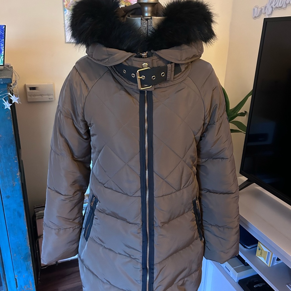 Zara Brown Quilted Coat with Black Faux Fur Hood